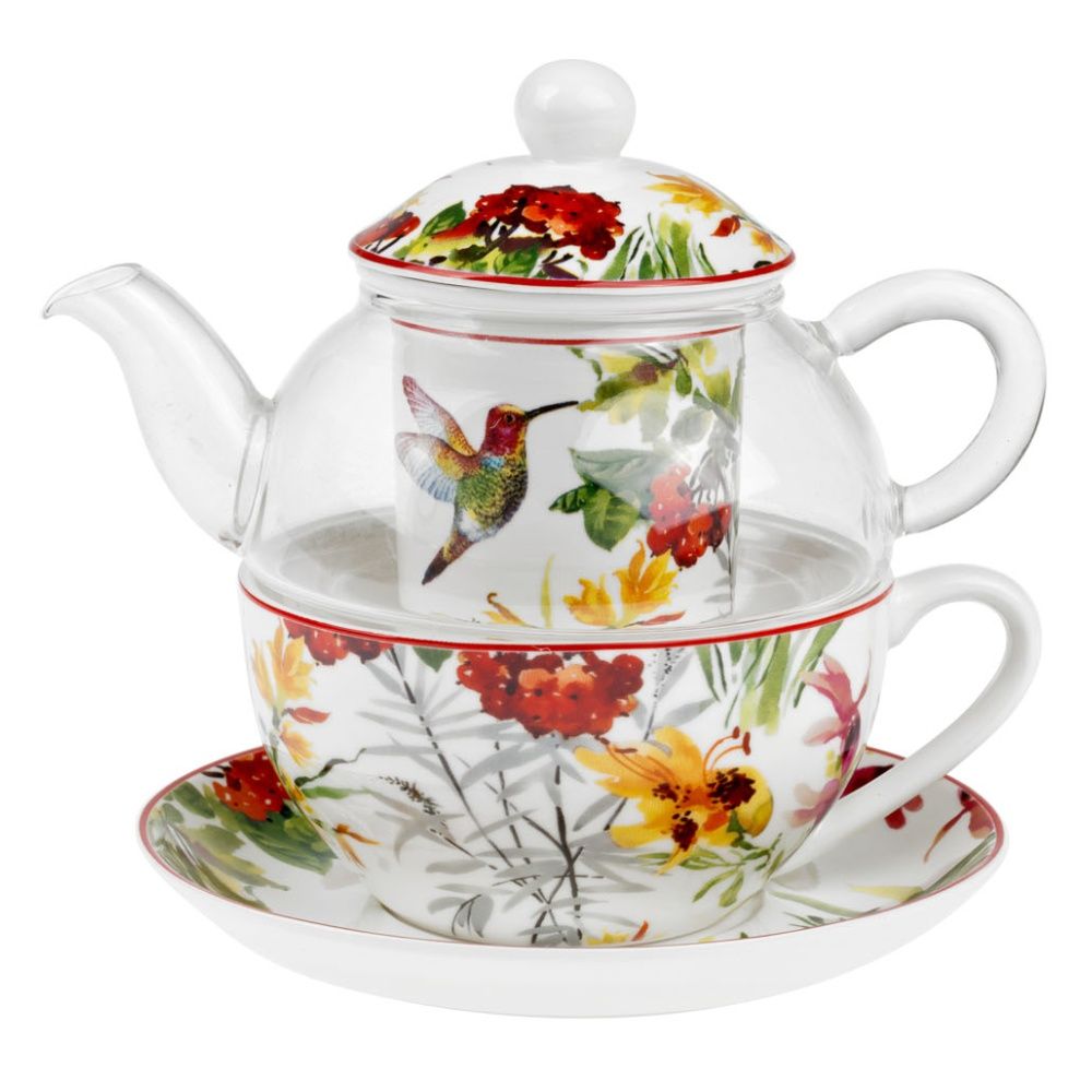 Čajová souprava Kolibřík 0,32 l tea for one porcelán a sklo