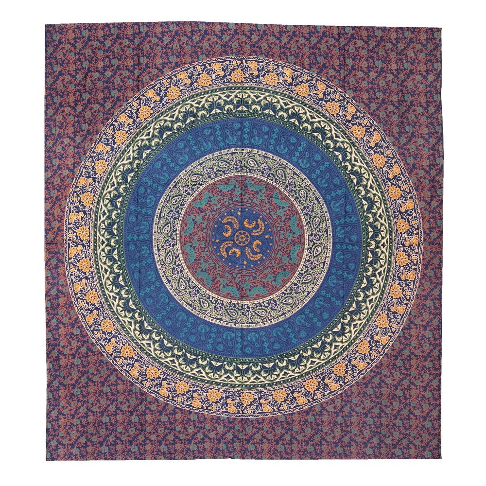 Přehoz na postel indický Flower Mandala modrý 220 x 210 cm