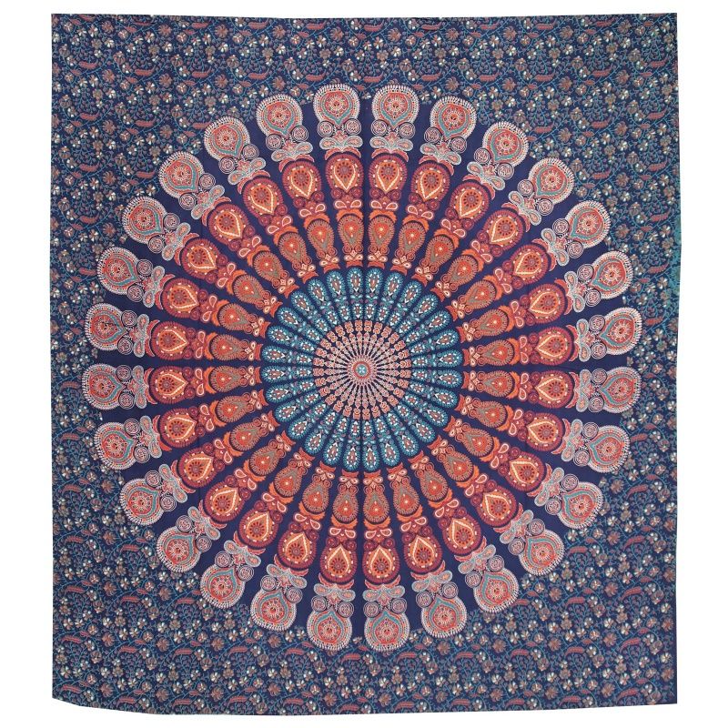 Přehoz na postel indický Owl Mandala modro-oranžový 220 x 210 cm 02