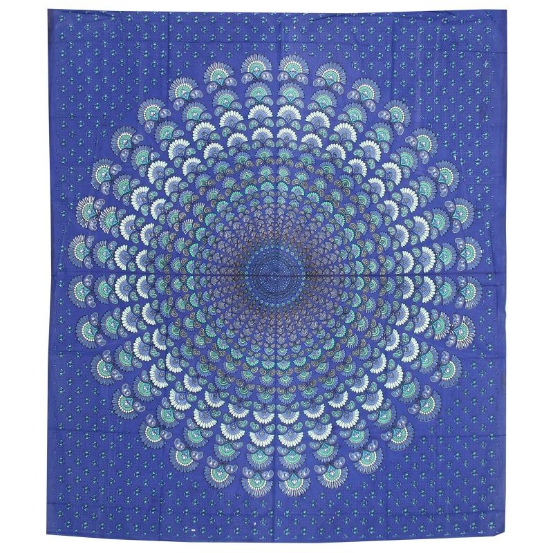 Přehoz na postel indický Owl Mandala nebeská modrá 220 x 210 cm