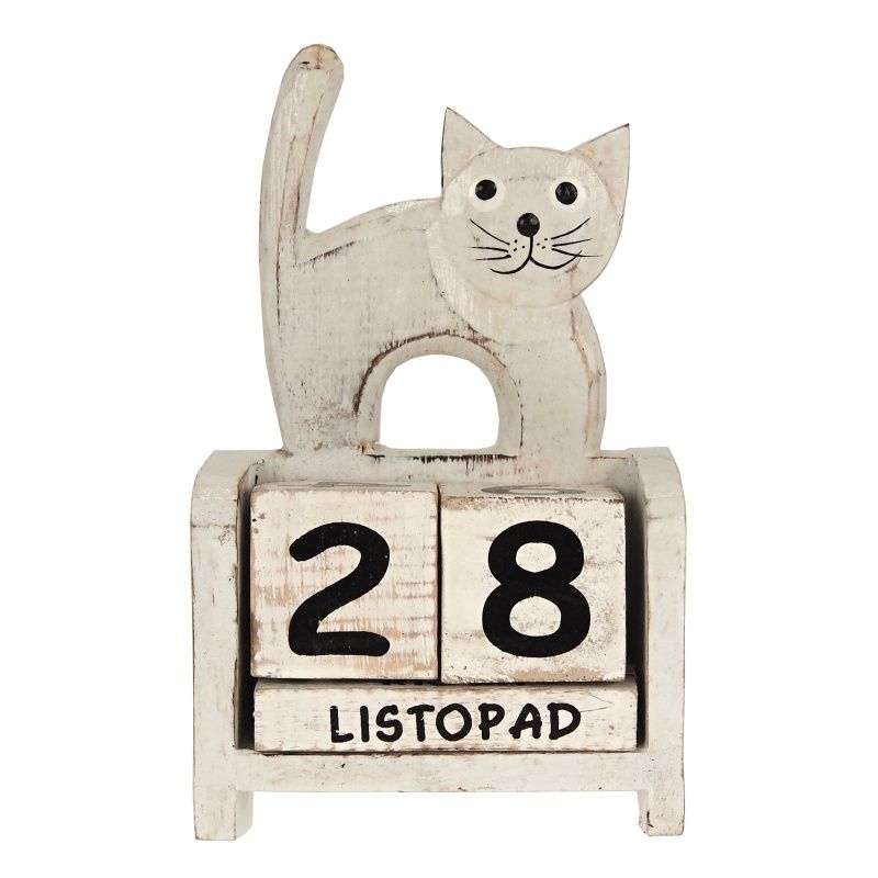 Kalendář dřevěný Kočka stojící 16 cm bílá