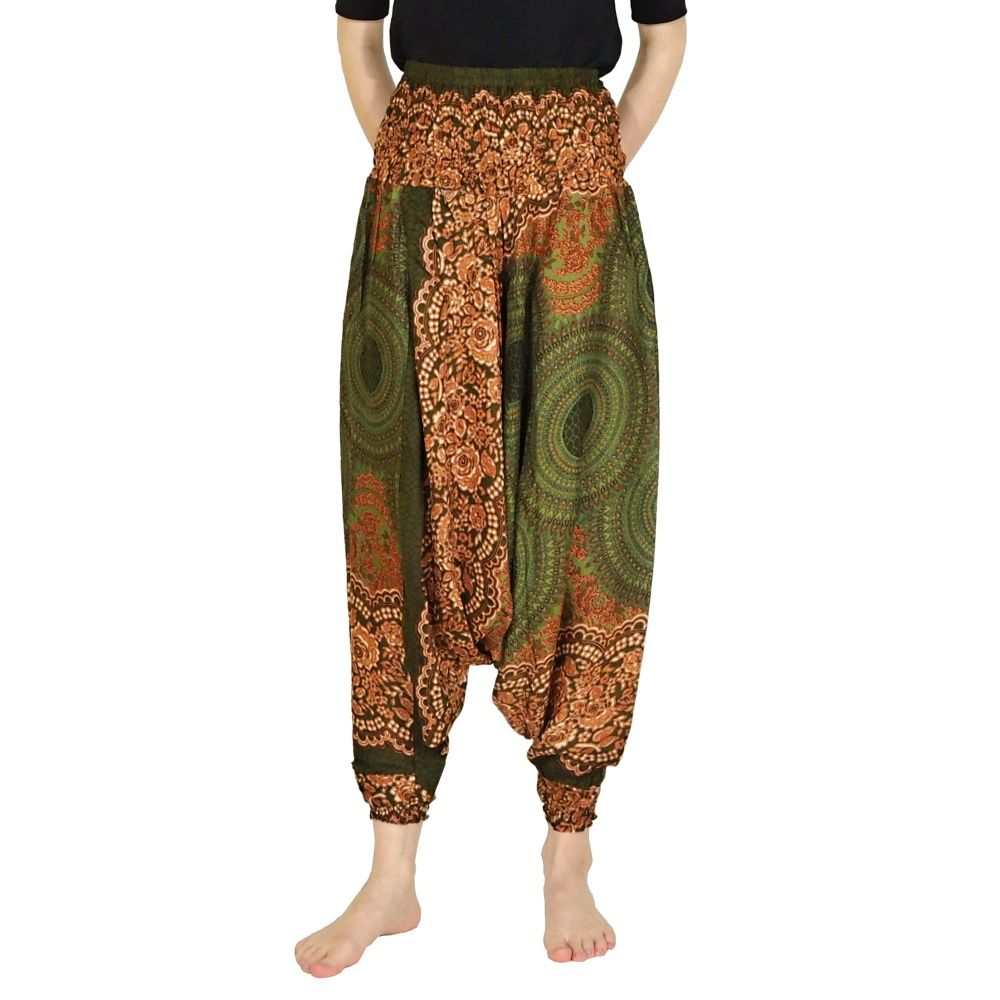 Kalhoty turecké harémové Aladin Mandala zeleno-hnědé