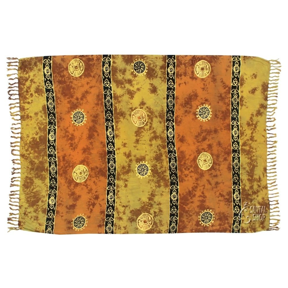 Šátek sarong pareo Mince štěstí hnědo-limetkový se sponou