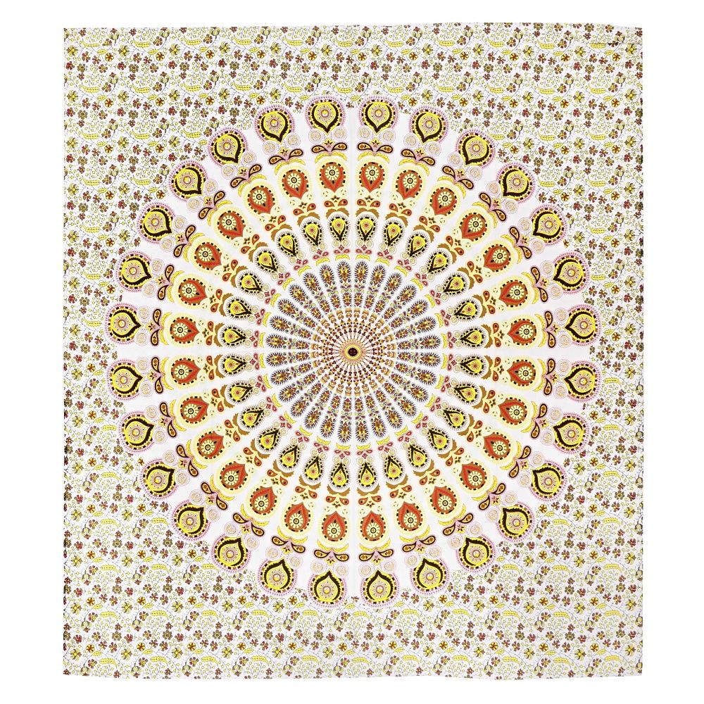 Přehoz na postel indický Owl Mandala žluto-bílý 220 x 210 cm