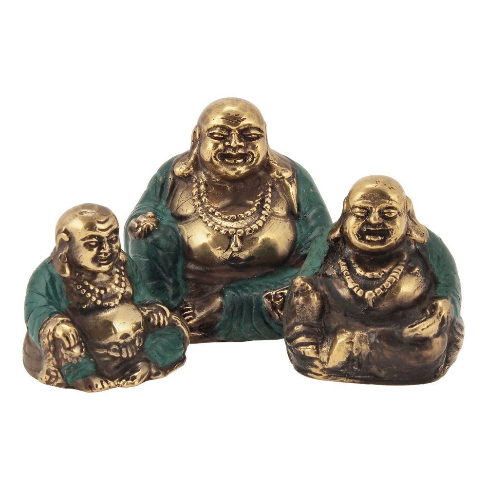 Soška Hotei smějící se buddha kov 7 cm sada 3 ks