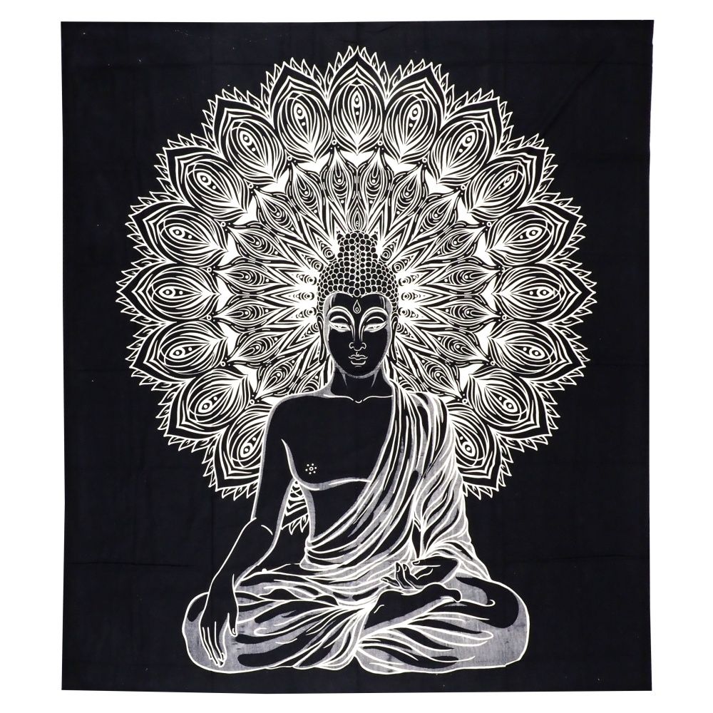 Přehoz na postel indický Buddha černobílý 220 x 210 cm