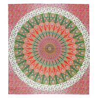 Přehoz na postel indický Owl Mandala červeno-zelený 230 x 210 cm