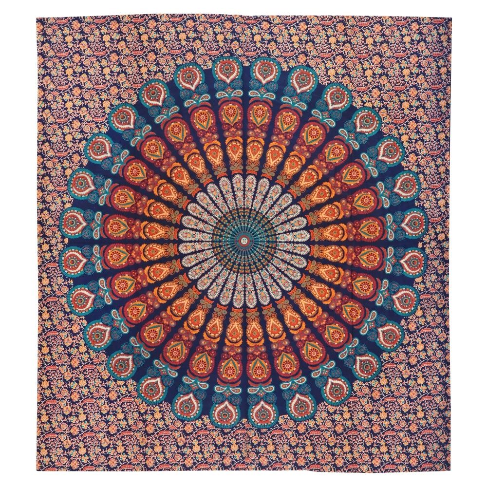 Přehoz na postel indický Owl Mandala modro-oranžový 220 x 210 cm
