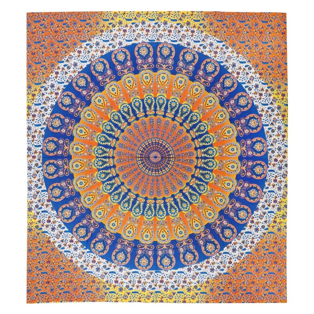 Přehoz na postel indický Owl Mandala oranžovo-modrý 230 x 210 cm