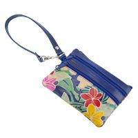 Dámská kožená peněženka s poutkem Květy modrá 14 x 10 cm