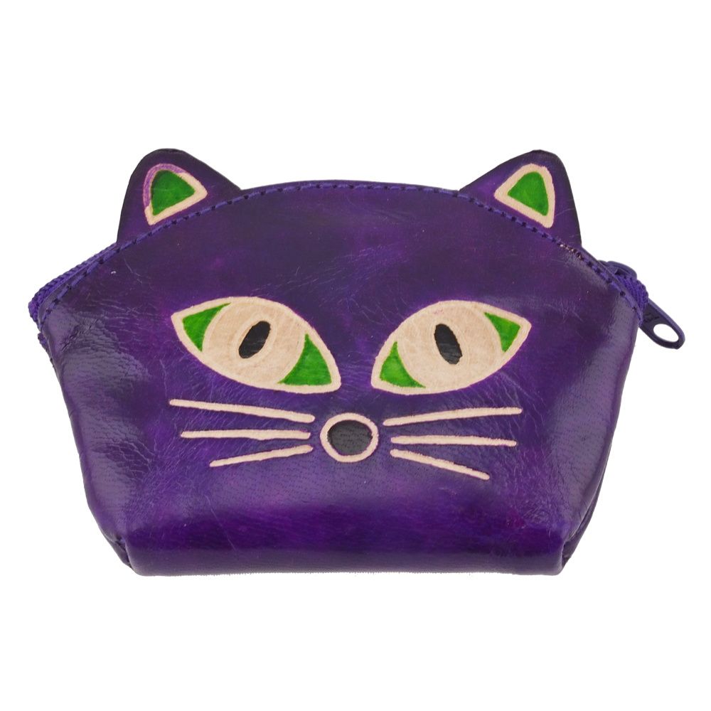Kožená peněženka na drobné Kočka fialová 10 x 8 cm
