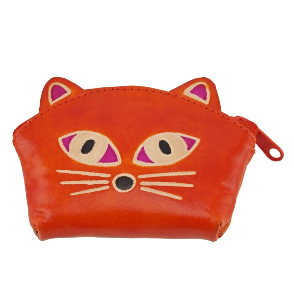 Kožená peněženka na drobné Kočka oranžová 10 x 8 cm